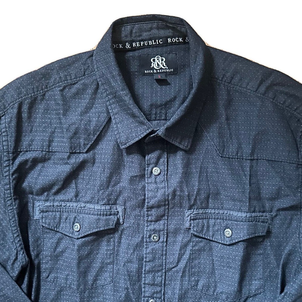Rock & Republic Shirt Men's L Dark Gray Casual Pockets Button Roll Up Shirt - Picture 7 of 13